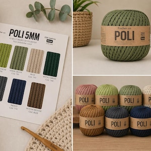 May include: A selection of colourful spools of "POLI" polyester cord, alongside a colour chart displaying various shades. The image also features a crochet hook and a partially crocheted item, demonstrating the cord's texture and uses.