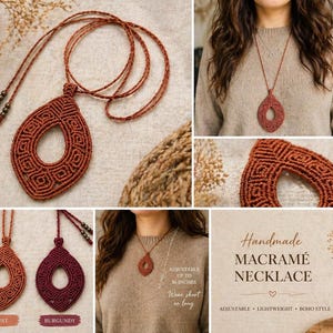 May include: A handmade rust-coloured macramé necklace with an open teardrop pendant. The necklace is adjustable up to 40.6 cm and is lightweight. The image also shows a burgundy-coloured necklace and the text "Handmade MACRAMÉ NECKLACE".