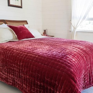 Ruby Silk Velvet Quilted Coverlet, Luxury Comforter, Soft Bedspread, Silk velvet Throw, Hand-stitched Blanket/Bed Cover made in Vietnam