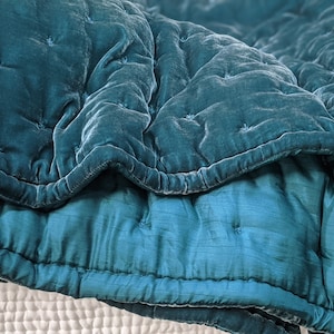 Blue grey Silk velvet throw, Natural Silk Velvet Quilted Blanket,Soft Duvet, Quilted Bedspread, Hand-stitched Throw, bed runner image 5
