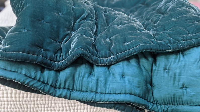 Blue grey Silk velvet throw, Natural Silk Velvet Quilted Blanket,Soft Duvet, Quilted Bedspread, Hand-stitched Throw, bed runner image 5