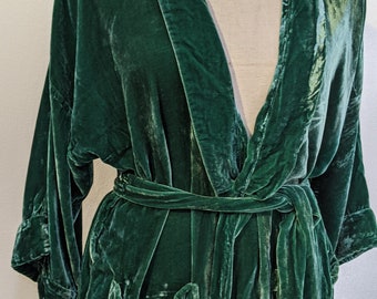 hand-dyed  long duster natural  silk velvet over-sized jacket kimono cardigan Silk Velvet Night Robe dark green silk velvet kimono