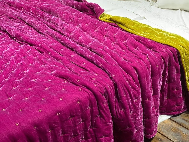 Raspberry Silk velvet throw, Natural Silk Velvet Quilted Blanket,Soft Duvet, Quilted Bedspread, Hand-stitched Throw, bed runner image 4