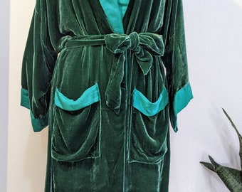 Silk Velvet Night Robe dark green silk velvet kimono,  kimono cardigan, hand-dyed  long duster, natural  silk velvet over-sized jacket
