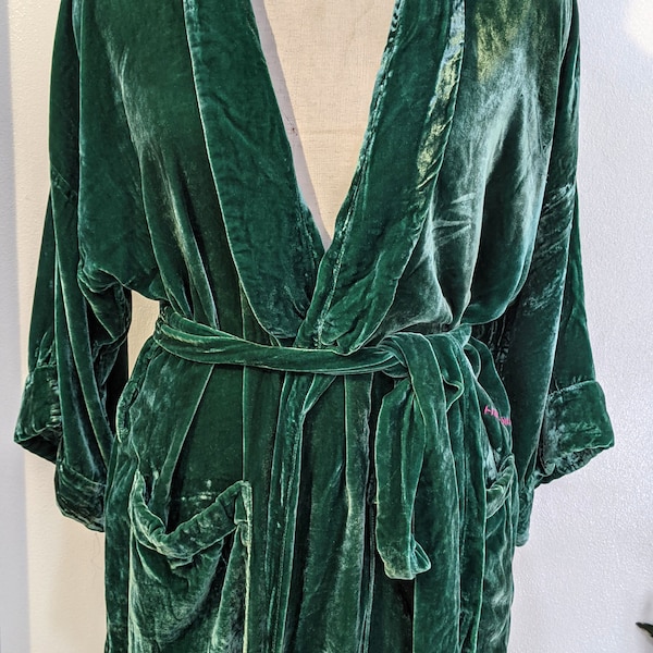 Silk Velvet Night Robe dark green silk velvet kimono,  kimono cardigan, hand-dyed  long duster, natural  silk velvet over-sized jacket