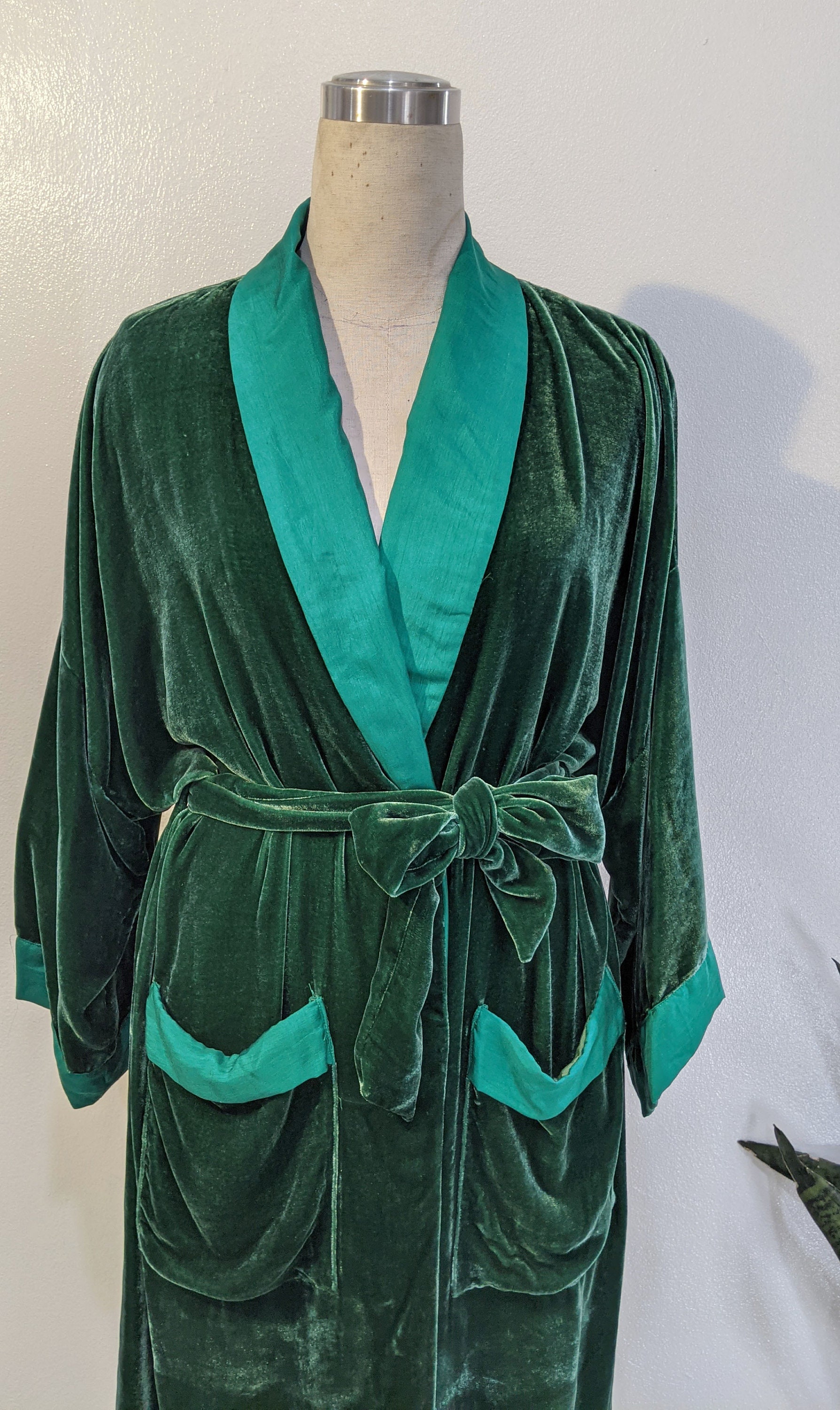Silk Velvet Night Robe Dark Green Silk Velvet Kimono Kimono - Etsy