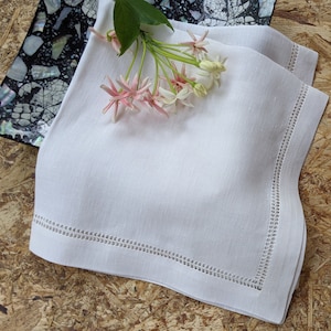 Ivory, white linen dinner napkins with hemsticthed linen napkins, dinner linen napkin set of 4 or 6, made by GRU