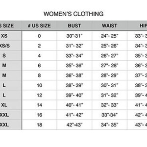 May include: A size chart for women's clothing with US sizes, corresponding numerical sizes, and bust, waist, and hip measurements in inches.