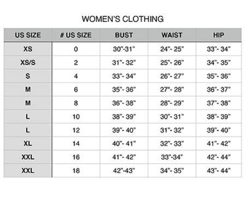 May include: A size chart for women's clothing with US sizes, corresponding numerical sizes, and bust, waist, and hip measurements in inches.