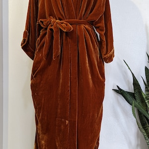 Silk Velvet Night Robe Rust orange silk velvet kimono,  kimono cardigan, hand-dyed  long duster, natural  silk velvet over-sized jacket