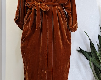 Silk Velvet Night Robe Rust orange silk velvet kimono,  kimono cardigan, hand-dyed  long duster, natural  silk velvet over-sized jacket