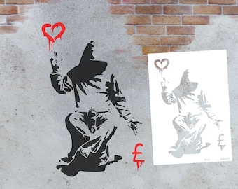 Schablone BANKSY Style - Liebe oder Geld Sprayer - (B129), DIN A7 A6 A5 A4 A3 A2. Vorlage DIY Art, Wallart, Graffiti, sozial kritische Kunst