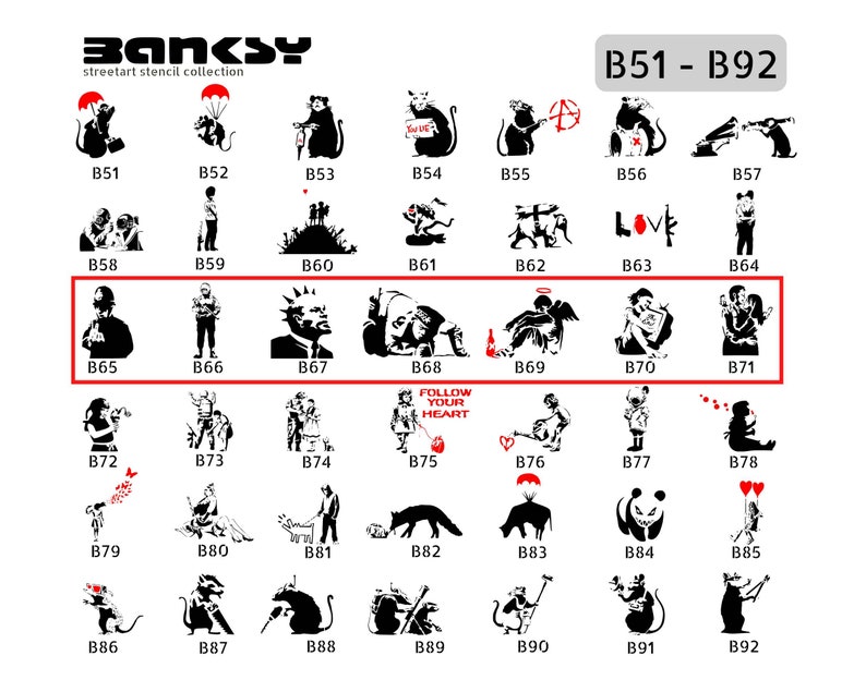 Schablone BANKSY Streetart, Auswahl B65-B71, DIN A7 / A6 / A5 / A4 / A3 / A2 Stencil für Graffiti, Airbrush, Vorlage für Wandbild, Kunst Bild 1