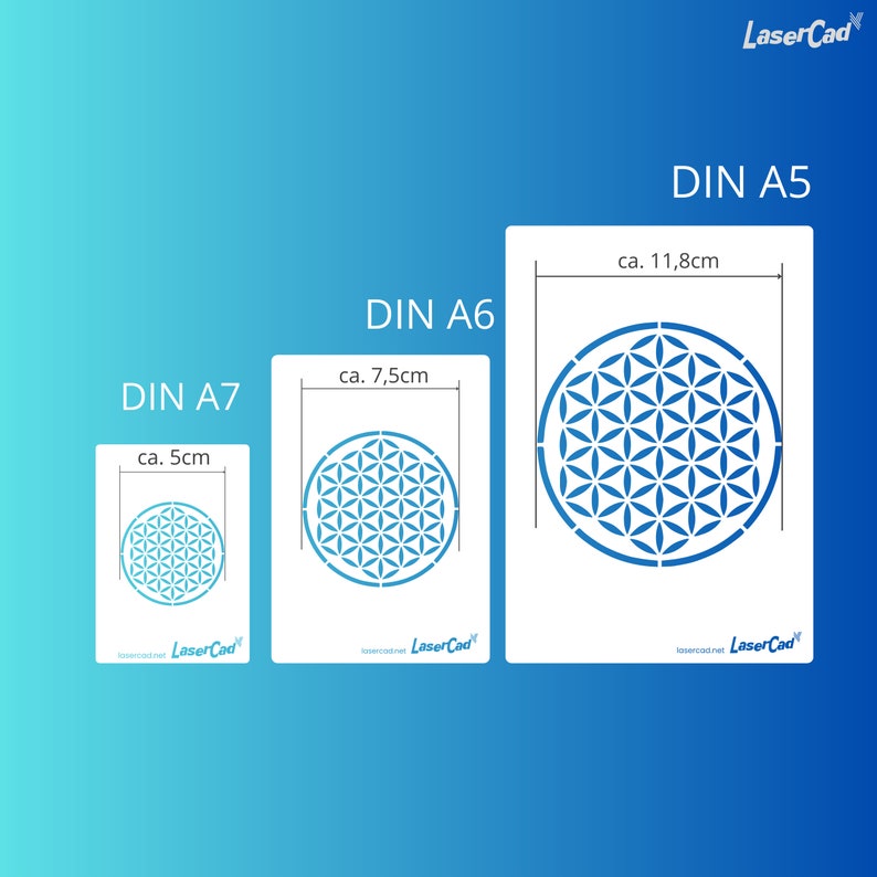 May include: Three different sizes of a blue and white flower of life stencil. The stencils are labeled DIN A7, DIN A6, and DIN A5. The measurements of each stencil are listed in centimeters.