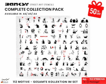 Stencil collection set - BANKSY Streetart Graffiti - Incl. 112 motifs, half price. In DIN A7/A6/A5, for album, airbrush, painting