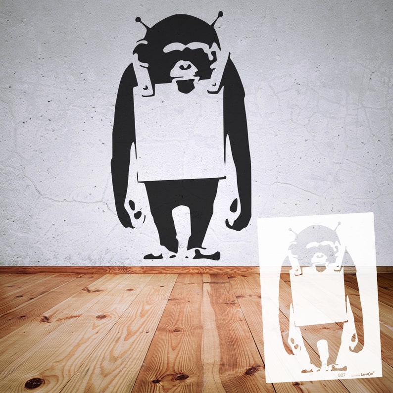 Stencil BANKSY street art collection B9-B17, in DIN A7/ A6 / A5 / A4 / A3 / A2 formats, template for art, wallart painting, handicrafts B27 Ape with Sign