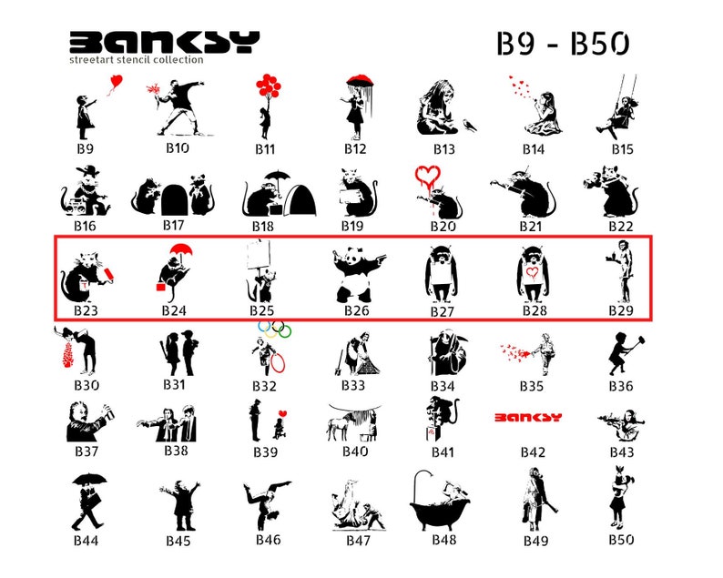 Schablone BANKSY Streetart, B23-B29, in Formaten DIN A7/ A6 / A5 / A4 / A3 / A2. Stencil für Airbrush, DIY Geschenk, Vorlage Bild 1