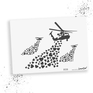 Puede incluir: Silueta en blanco y negro de tres helicópteros dejando caer corazones. Los helicópteros vuelan en formación, con el helicóptero más grande en el centro. El texto "B128" y "lasercad.net" está en la esquina inferior derecha de la imagen.