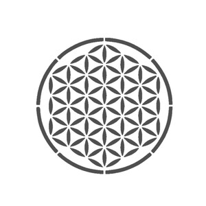 May include: A black and white geometric pattern in the shape of a circle. The pattern is known as the Flower of Life.