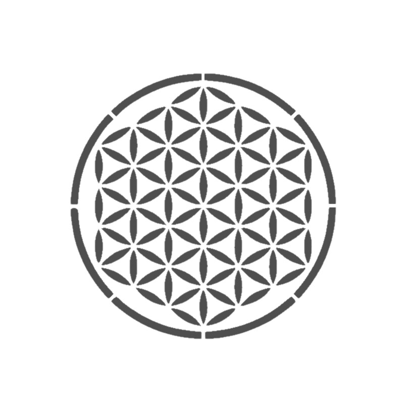 May include: A black and white geometric pattern in the shape of a circle. The pattern is known as the Flower of Life.