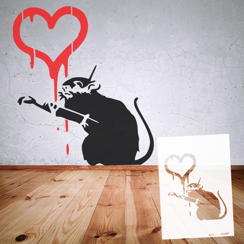 Schablone BANKSY Streetart, B16-B22, in Formaten DIN A7/ A6 / A5 / A4 / A3 / A2 Stencil Wallart, Urban Art, Kunst, Muster B20 Rat paints Heart