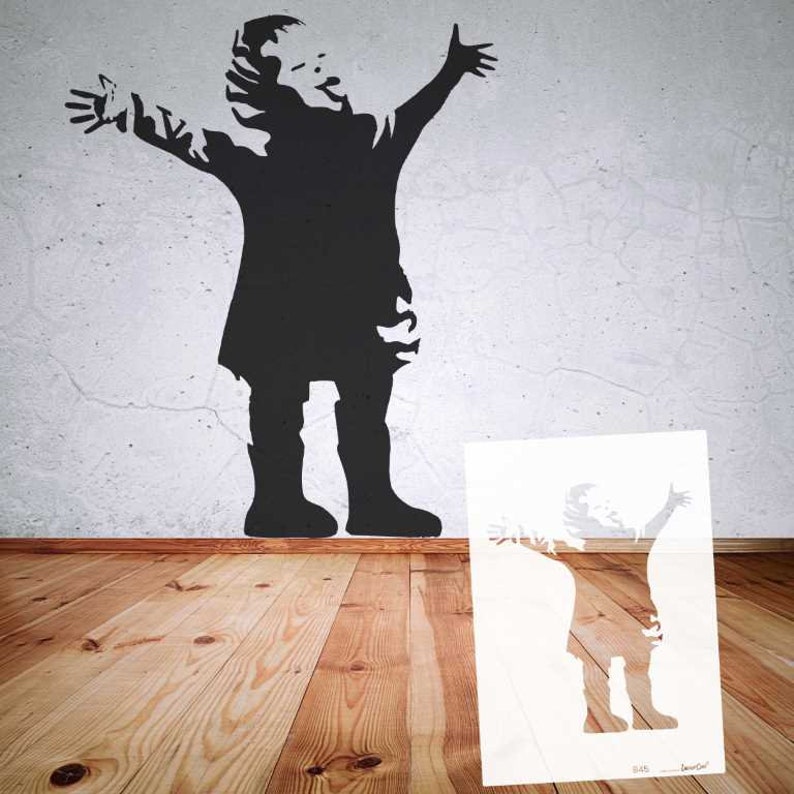 Schablone BANKSY Streetart große Motivauswahl B44 B50 DIN A7 / A6 / A5 / A4 / A3 / A2 Stencil für Wallart, Airbrush, DIY, Geschenk B45 Rainbow Rain Kid