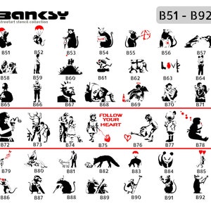 Puede incluir: Una colección de 24 estampas de arte de esténcil en blanco y negro que presentan varios diseños de Banksy. Las estampas están numeradas del B51 al B92. Las estampas incluyen imágenes de ratas, flores, una niña con un globo, una niña con un corazón y una niña con una regadera.