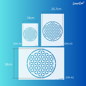 May include: Three sizes of stencils featuring a flower of life design. The stencils are white and measure 18 inches by 18 inches, 25.7 inches by 25.7 inches, and 38 inches by 38 inches. The stencils are labeled DIN A4, DIN A3, and DIN A2.
