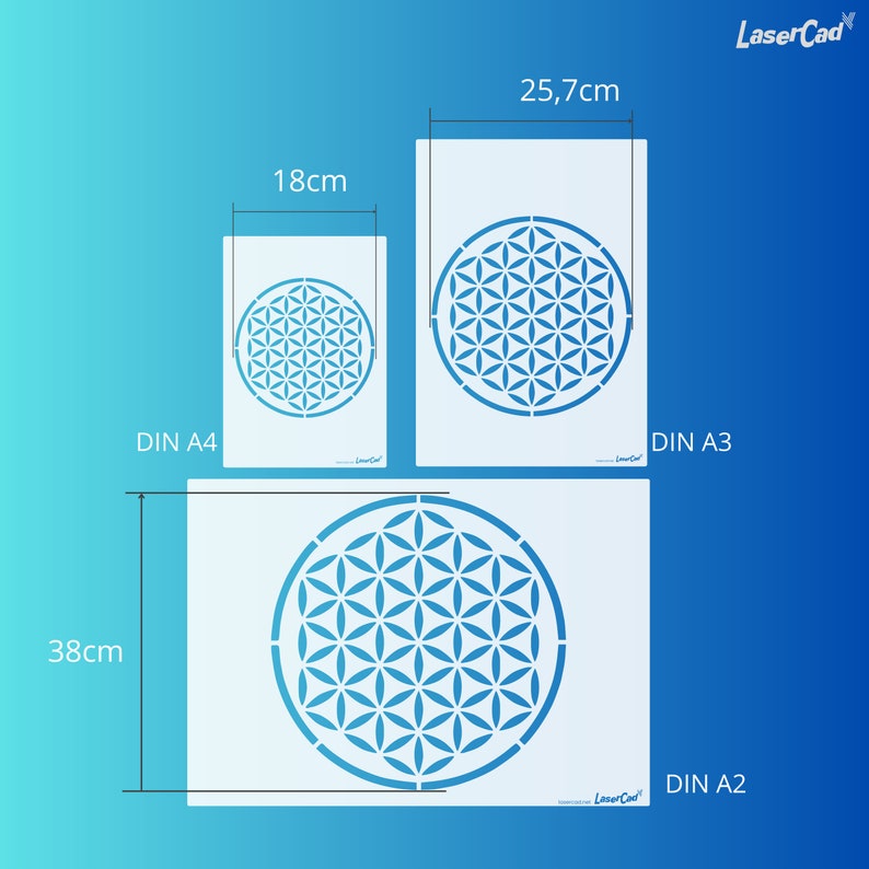 May include: Three sizes of stencils featuring a flower of life design. The stencils are white and measure 18 inches by 18 inches, 25.7 inches by 25.7 inches, and 38 inches by 38 inches. The stencils are labeled DIN A4, DIN A3, and DIN A2.