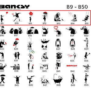 Könnte beinhalten: Eine Sammlung von Banksy Streetart-Schablonen, nummeriert von B9 bis B50. Die Schwarz-Weiß-Schablonen zeigen verschiedene Figuren und Szenen, darunter ein Mädchen mit einem herzförmigen Ballon, Ratten und andere ikonische Bilder.