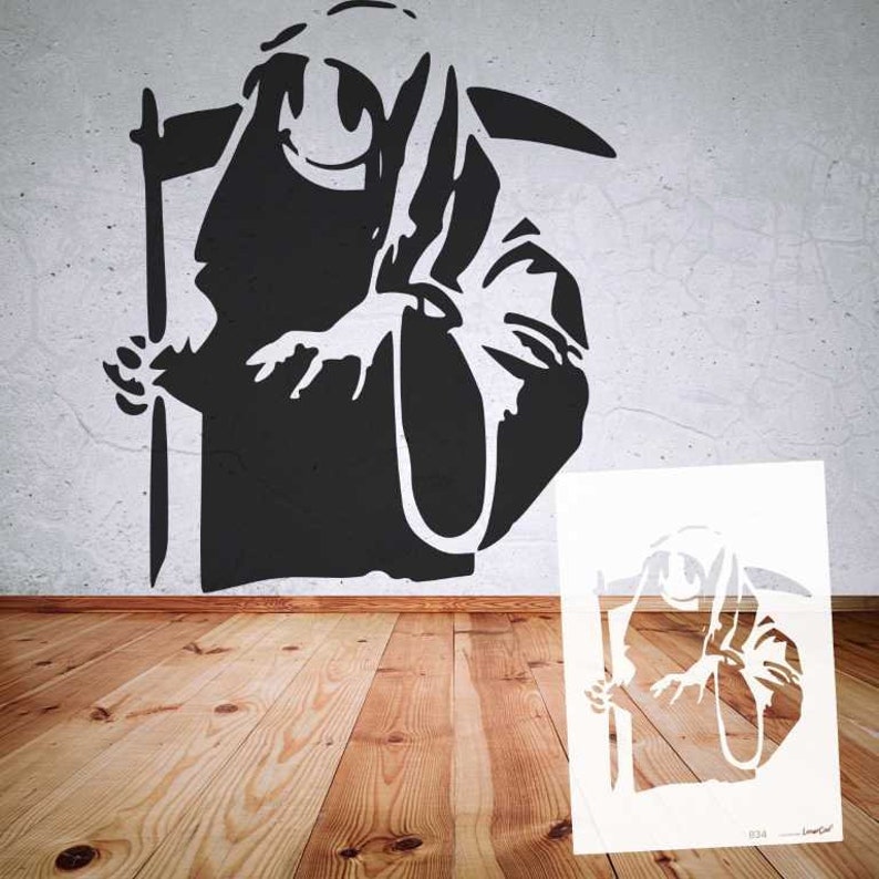 Schablone BANKSY Streetart große Motivauswahl B30-B36 DIN A7 / A6 / A5 / A4 / A3 / A2 Stencil Wallart Airbrush DIY, Vorlage Muster B34 Smiley Death