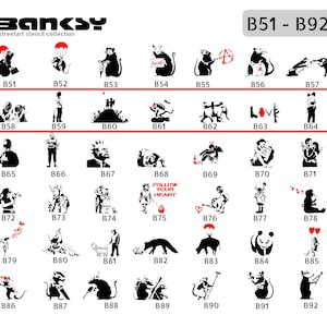 May include: A collection of 36 black and white stencil art prints featuring various designs by Banksy. The prints are numbered B51 through B92. The designs include a rat holding a balloon, a rat holding a flower, a rat holding a gun, a rat holding a sign that says "Love", a rat holding a sign that says "Follow Your Heart", and many more.