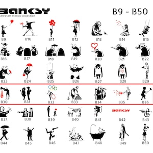 Pochoir BANKSY (B30-B36) en DIN A2. Lovesick, Voleur olympique, Sous le tapis, Mort souriante, Officier Butterfly Spray, Enfant avec marteau.