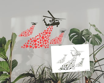 Plantilla Estilo BANKSY - Helicópteros reparten corazones - (B128), DIN A7 A6 A5 A4 A3 A2. Plantilla DIY, arte mural, arte socialmente crítico.