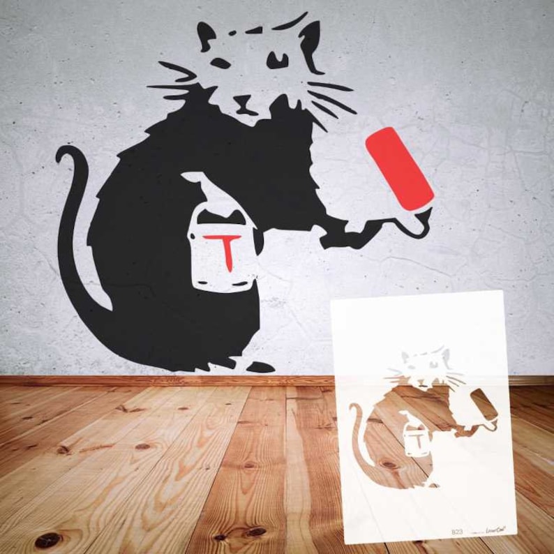 Stencil BANKSY street art collection B9-B17, in DIN A7/ A6 / A5 / A4 / A3 / A2 formats, template for art, wallart painting, handicrafts B23 Paint Roller Rat