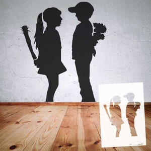 Schablone BANKSY Streetart große Motivauswahl B30-B36 DIN A7 / A6 / A5 / A4 / A3 / A2 Stencil Wallart Airbrush DIY, Vorlage Muster B31 Girl and Boy