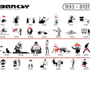 Könnte beinhalten: Eine Sammlung von 20 Schwarzweiß-Schablonenkunstdesigns von Banksy. Die Schablonen zeigen verschiedene Bilder, darunter eine Ratte, einen Hubschrauber, eine Person, die ein Schild hält, einen Narren und eine Person, die eine Waffe hält. Die Schablonen sind von B93 bis B120 nummeriert.