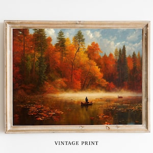 PRINTABLE Autumn Forest Lake ~ Vintage Neutral Wall Art Print ~ Living room cottage house wall decor ~ Printable Digital Download