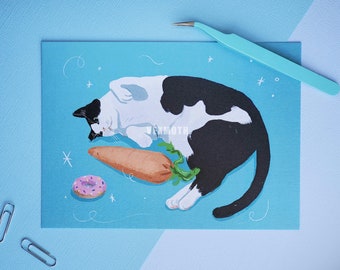 Figaro Cat Art Print – Cute Black and White Cat with Toys (5x7)