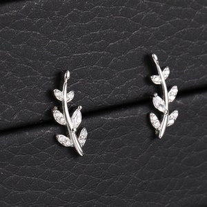 Silver Leaf Stud Earrings with Sparkly CZ Crystals, Small Cz Studs, Minimalist Olive Leaves Earrings, Christmas Mother’s Day gift for her