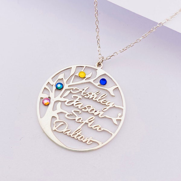 Personalized Family Tree Name Necklace, Handmade Birthstone Kids Name Jewelry, Mothers Day Christmas Gifts for Her Mommy Grandma Bridesmaid