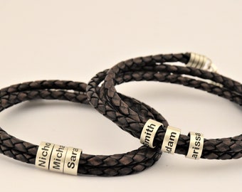 Bracelet homme personnalisé, bijoux en cuir faits main avec perles personnalisées, cadeau d'anniversaire de Noël pour la fête des pères pour lui fille papa fils mari