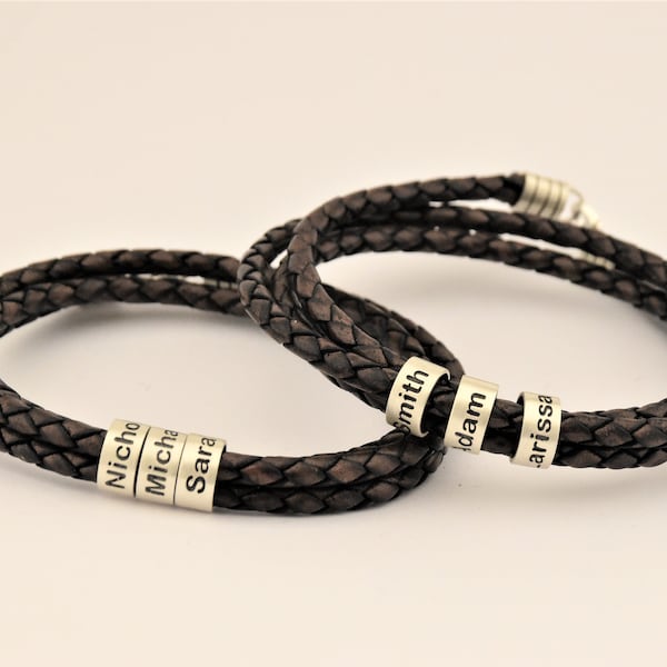 Bracelet homme personnalisé, bijoux en cuir faits main avec perles personnalisées, cadeau d'anniversaire de Noël pour la fête des pères pour lui fille papa fils mari