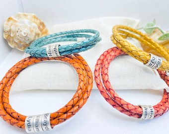 Custom Bracelets for Women with Personalized Beads, Leather Kids Name Bracelet, Mothers Day Christmas Gift For Mom Grandma Wife Girlfriend