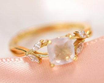 Bague en cristal de quartz rose naturel en or, bague de fiançailles réglable en argent sterling, bague de promesse en or 18 carats, bague délicate pinky, cadeau pour elle