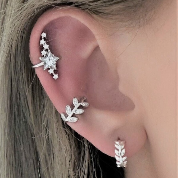 Leaf Ear Cuff Earrings, Star Ear Cuff No Piercing, Ear Cuff Set, Ear Cuff Non Pierced, Cartilage Earrings, Conch Piercing, Fake Piercings