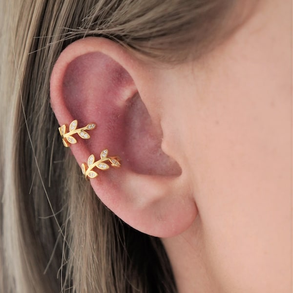 Leaf Ear Cuff Earrings, Ear Cuff No Piercing, Gold Ear Cuffs, Ear Cuff Non Pierced, Ear Crawler Earrings, Conch Piercing, Fake Piercings