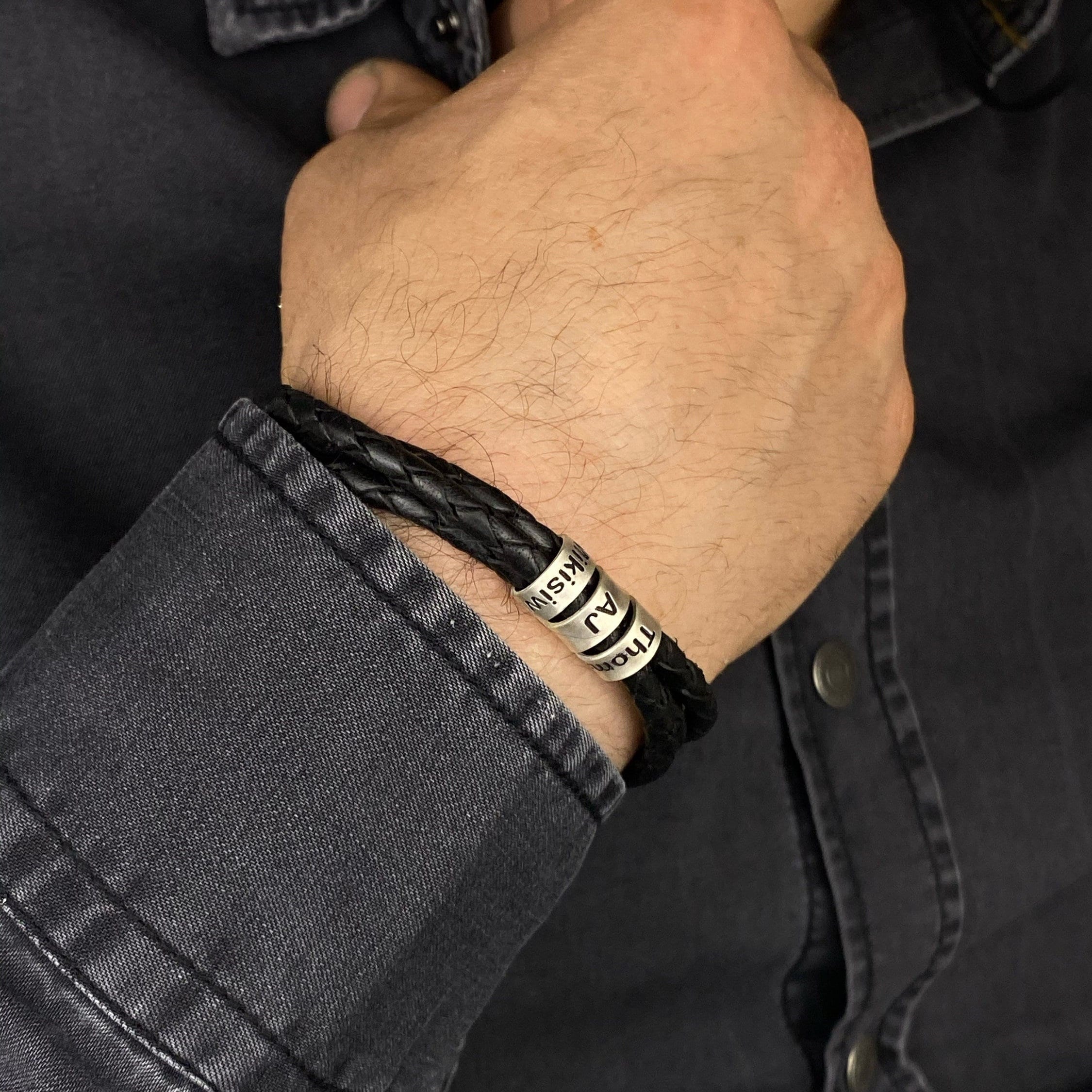 Man Bracelet Personalized,  Men Genuine Leather Bracelet with Silver Custom Beads, Kids Name Bracelet, Fathers Day Christmas Gifts For Him