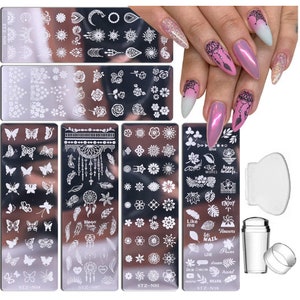 Nail Stamp Plate Kit 6Pcs Nail Stamping Plates+ 1 Stamper+ 1 Scraper Butterfly Flower Feather Flowers Maple Leaves Roses Nail Plate Template