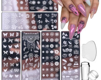 Nail Stamp Plate Kit 6Pcs Nail Stamping Plates+ 1 Stamper+ 1 Scraper Butterfly Flower Feather Flowers Maple Leaves Roses Nail Plate Template